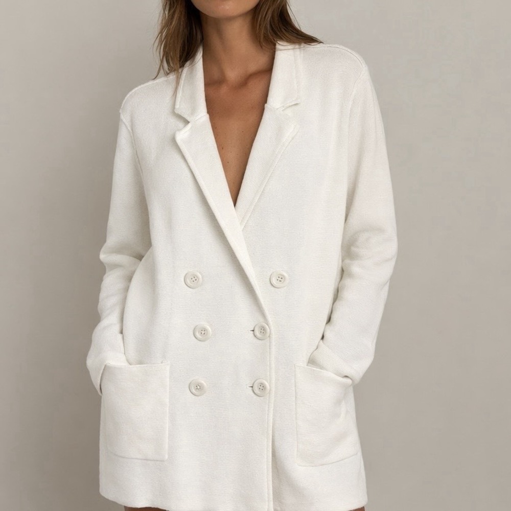 Cotton by Autumn Cashmere White Double Breasted Knit Blazer L Quiet Luxury